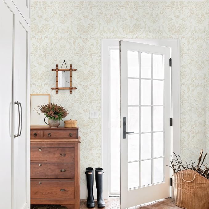 Ismoon Floral Peel and Stick Wallpaper Vintage Beige Contact Paper Watercolor Damask Wallpaper Boho Waterproof Removable Self-Adhesive Wall Paper for Bedroom Shelf Cabinet Décor 17.3in x 32.8ft