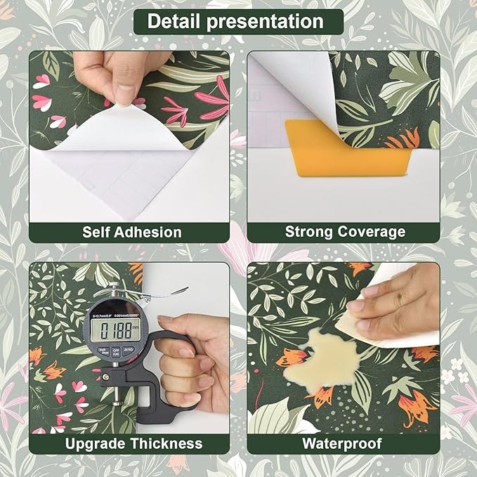 Fititem Green Floral Peel and Stick Wallpaper Boho Dark Vintage 17.3”×197” | Floral Self Adhesive Contact Paper Botanical Nature Removable Wildflower Wallpaper Waterproof Wallpaper for Bathroom Bedroom
