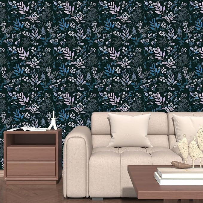 Laatse Vintage Blue Wallpaper Peel and Stick Dark Pink Floral Wallpaper 17.5'' x 118'' Dark Blue Leaf Contact Paper Vinyl Waterproof Self Adhesive Boho Botanical Wall Paper for Bedroom Cabinet Décor