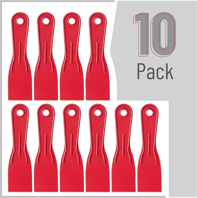 Bates- Plastic Putty Knife Set, 2 Inch, 10 Pack, Red, Flexible Paint Scraper Tool for Spackling, Spackle Tool, Plastic Putty Knife Scraper, Solvent Resistant