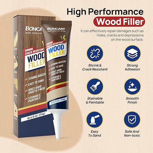 Boncart Wood Filler, 6.15 oz Paintable Wood Putty, Easy to Sand, Shrink & Crack Resistant, Quick Repair for Cracks, Holes and Damage (Natural)