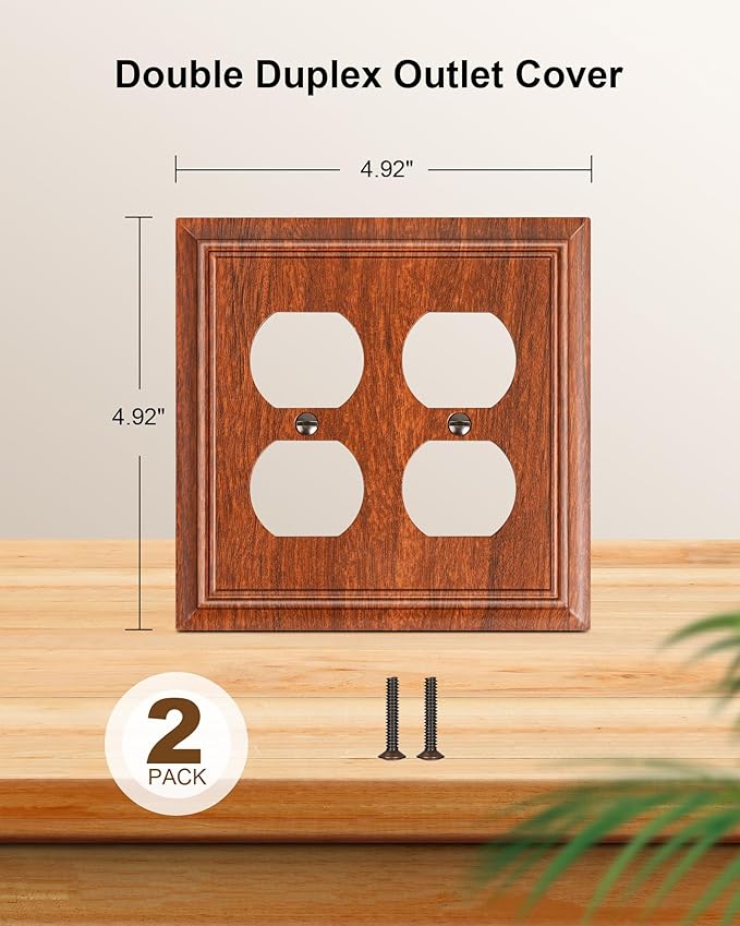 2-Pack Double Duplex Outlet Cover, Wood Grain Decorative Switch Plates and Outlet Covers for Electrical Outlets, Durable Natural Bamboo Fiber Wall Plates, 2 Gang Receptacle Cover