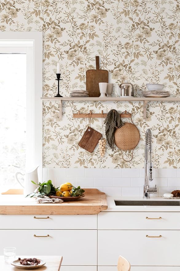 Erfoni 16.9" x118" Boho Floral Peel and Stick Wallpaper Beige Flower and Leaf Contact Paper Self Adhesive Removable Wallpaper Boho Botanical Wall Paper for Bedroom Cabinets Decor Vinyl Roll Waterproof
