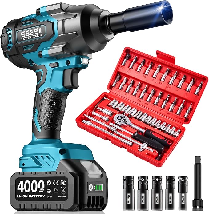 Seesii Impact Wrench 1000N.m(738 Ft-Lbs) & 46PCS 1/4″ Drive Socket Set Tool | Cordless Impact Driver, 1/2" Impact Gun With 21v 2x4.0Ah Battery for Fix Auto/Motorcycle - Wh10 Ultra