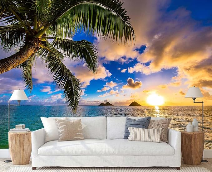 Jdayda Sunset Beach Wallpaper Hawaiian Seascape Palm Tree | 106"x75" Not Self-Adhesive Wall Mural for Bedroom Living Room