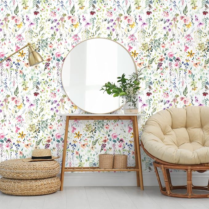 VEELIKE Watercolor Wildflowers Wallpaper Peel and Stick Removable Floral Wallpaper for Bedroom Bathroom Nursery 17.7''x354'' Self Adhesive Wall Mural Floral Contact Paper for Walls Furniture Cabinets