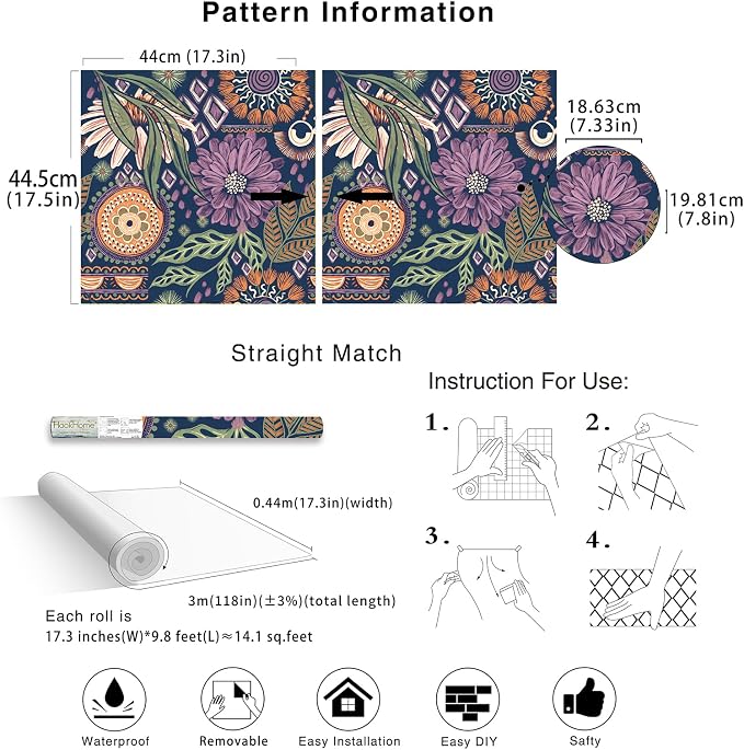 HAOKHOME Peel and Stick Wallpaper Boho Navy Purple Terracotta Retro Floral | Renter Friendly Removable Textured Vintage Moody Botanical Wall Paper for Bathroom Bedroom Accent Wall Decor 17.3in x 9.8ft