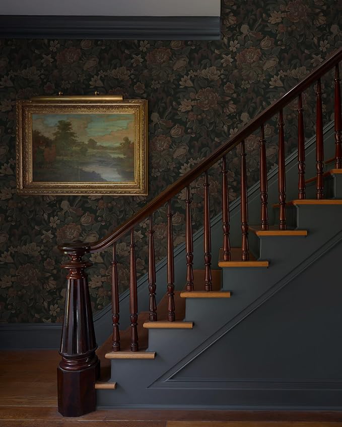 Dimoon Vintage Peel and Stick Wallpaper Dark Green Floral Wall Paper 16.1"x78.7" Retro Victorian Moody Wallpaper Renter Friendly Dark Floral Gothic Contact Paper for Bedroom Shelf Liner Vinyl Roll