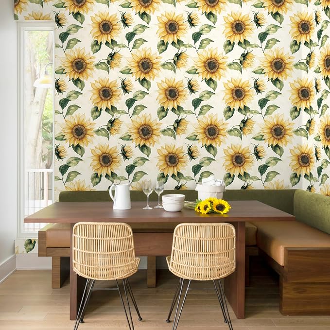 Yasinet Sunflower Peel and Stick Wallpaper Boho Floral Wallpaper Vintage Contact Paper for Bedroom Cabinets Farmhouse Waterproof Removable Self-Adhesive Wall Paper for Wall Vinyl 17.3''× 196.8''