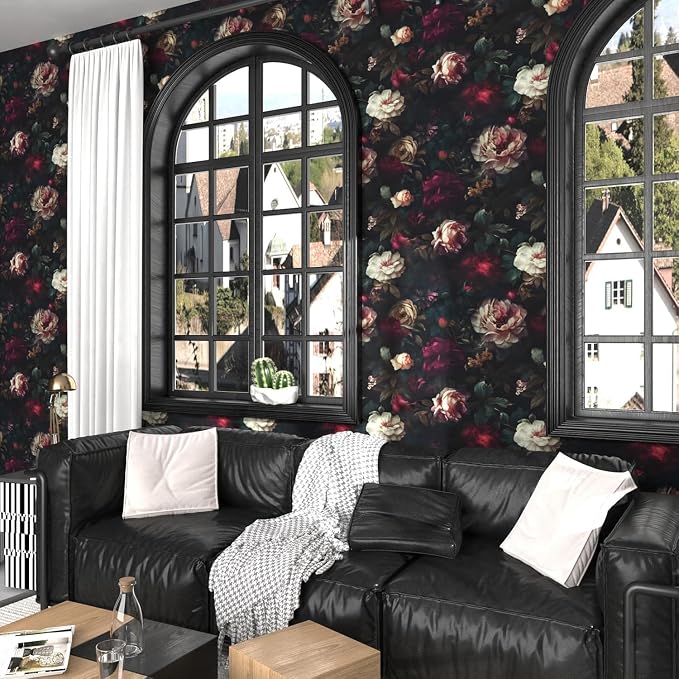Fvlow Vintage Black Dark Red Floral Peel and Stick Wallpaper 17.4" x 394" | Renter Friendly, Removable & Waterproof, Vinyl Easy Install for Bedrooms, Bathrooms, Kitchens, Cabinets and Home Decor