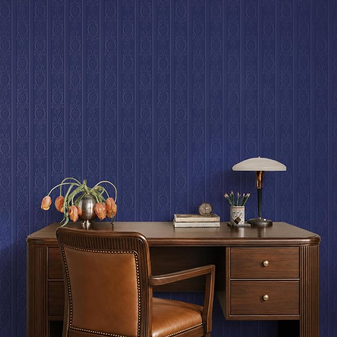 Navy Blue 3D Embossed Textured Peel Stick Wallpaper 17.3"x400" | Removable Renter Friendly Contact Paper, Waterproof Self Adhesive Wallpaper for Bedroom, Bathroom, Decor