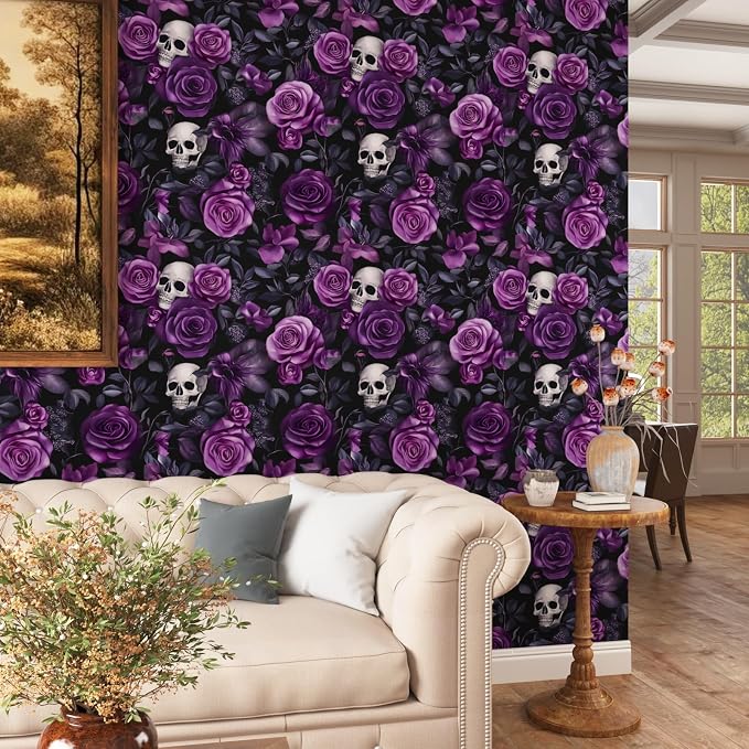 Gothic Dark Purple Skull Floral Wallpaper Peel and Stick 17.5"x118" | Self Adhesive/Removable/Waterproof/Thick Vinyl Vintage Contact Paper for Bathroom Bedroom Shelf Cabinet Drawer,Prepasted