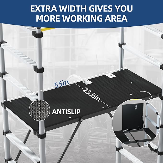 APARECIUM 10' Aluminum Scaffold Tower, Multipurpose Rolling Scaffolding Work Platform, Utility Scaffolding Tower, Adjustable Work Platform with Hatch Deck and Guard Rail, 500 Lbs Duty Rate