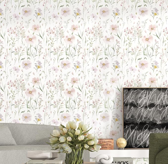 Floral Peel and Stick Wallpaper Boho Contact Paper 17.3"×78.8" | Self Adhesive Removable Wallpaper Pink Floral White Wildflowers Wall Paper for Bedroom Bathroom Art Deco Wallpapers Vinyl