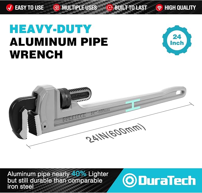 DURATECH 24-inch Aluminum Straight Pipe Wrench, Adjustable Plumbing Wrench | Heavy Duty, Drop Forged, Exceed GGG standard