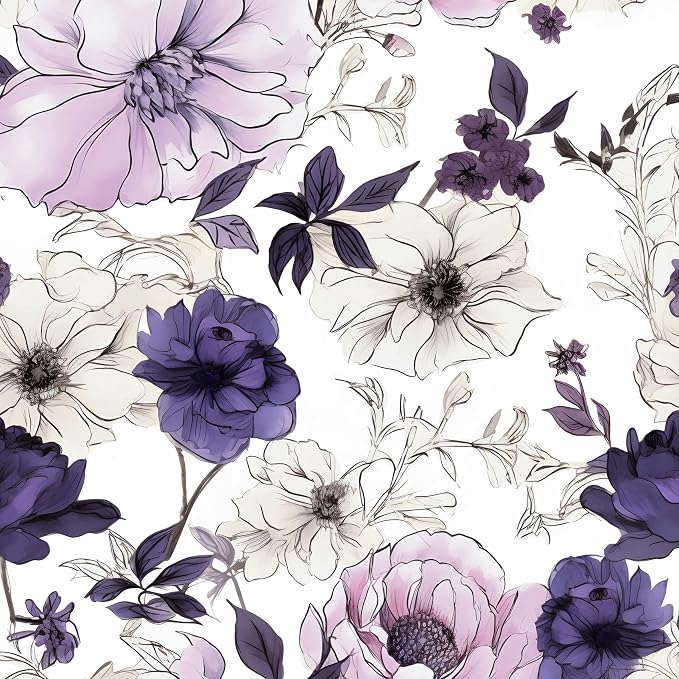 Floral Botanical Peel and Stick Wallpaper 17.5" x 118",White/Purpel | Self Adhesive/Removable/Waterproof/Thick Vinyl Contact Paper for Bathroom Bedroom Shelf Cabinet Drawer,Prepasted,Easy Peel