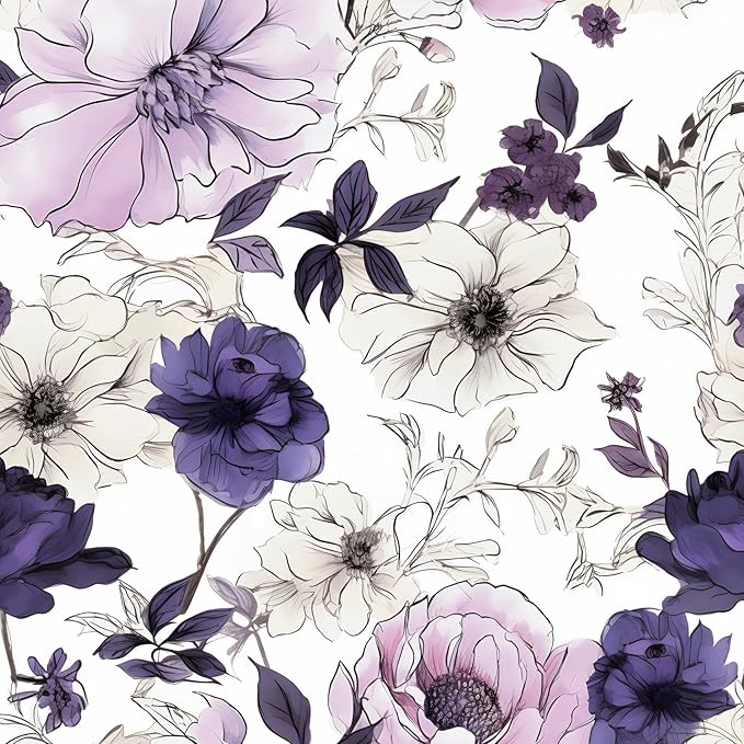 Floral Botanical Peel and Stick Wallpaper 17.5" x 393",White/Purpel | Self Adhesive/Removable/Waterproof/Thick Vinyl Contact Paper for Bathroom Bedroom Shelf Cabinet Drawer,Prepasted,Easy Peel