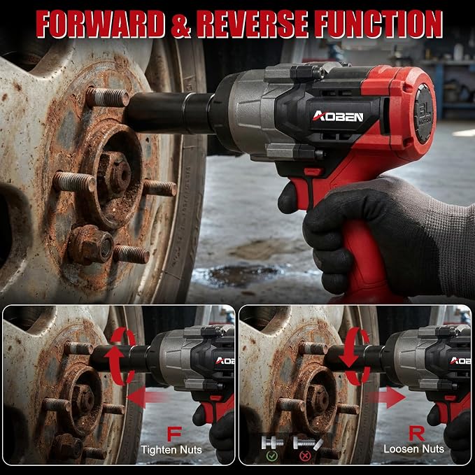 AOBEN 1500N.m Cordless Impact Wrench, 1/2" Heavy Duty Impact Gun, 3-Speed 2500RPM Power Torque for Truck & RV Lug Nuts, Rusted Bolts, 4.0Ah Battery & Fast Charger, 6 Sockets & Carry Case