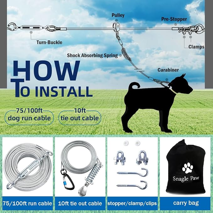 Snagle Paw Dog Runner for Yard,Trolley System for Large Dogs,Run Cable 100ft with 10ft Pulley Runner Line for Dogs Up to 250lbs,Dog Zip Line for Backyard or Camping