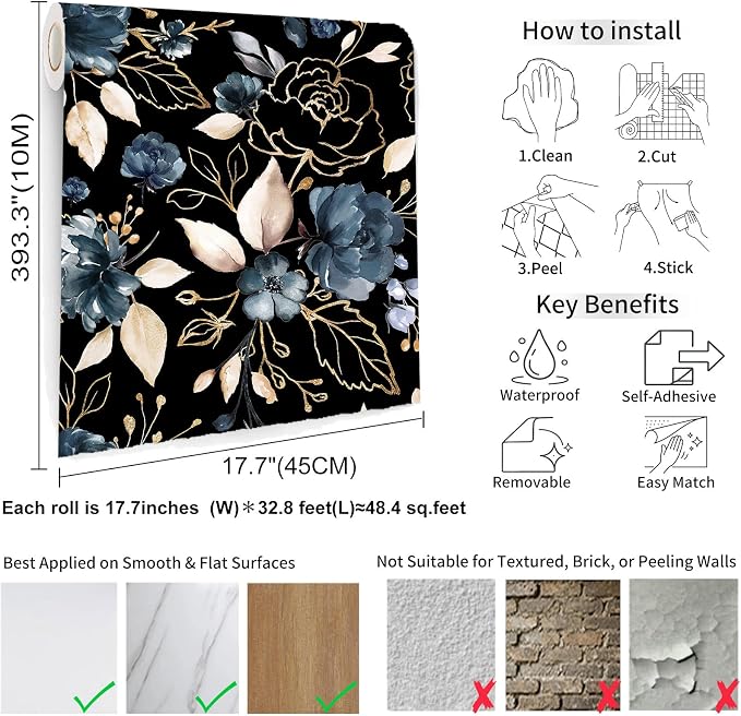 Black Gold Floral Peel and Stick Wallpaper 17.7"x393.3" | Removable thick vinyl, dark botanical design with navy blue flowers, bedroom, bathroom, renter friendly accent walls