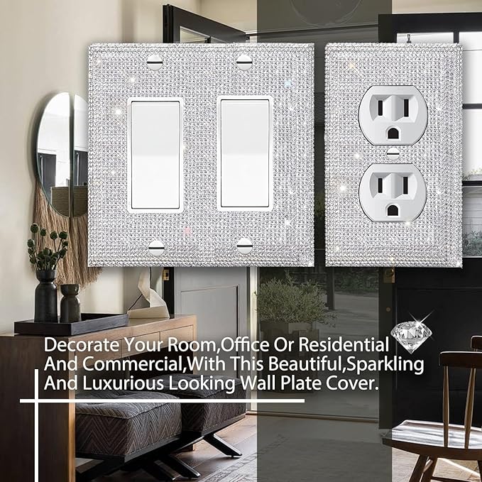 Silver Shiny Silver Rhinestones Wall Plates Light Switch Cover Plate Decorative 3 Gang Wall Plate Bling Light Switch Cover