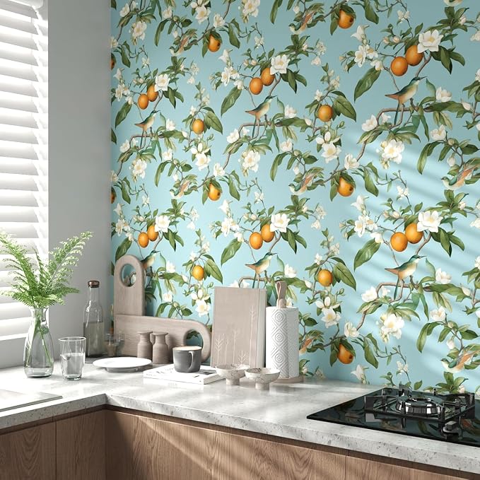 Blue Bird Wallpaper Peel and Stick, Vintage Floral Lemon Fruit Contact Paper, Self Adhesive Removable Retro Botanical Wall Paper Mural for Room Walls Shelves Cabinet Table Drawer Decor 17.5" x 78.7"