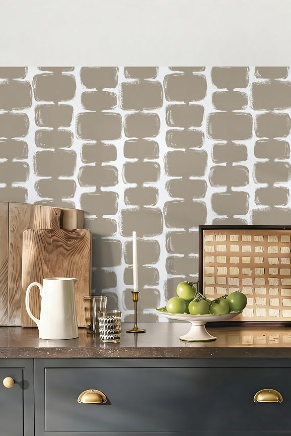Safiyya 17.3"x197" Peel and Stick Wallpaper Mid Century Modern Abstract Contact Paper Geometric Wall Paper Self Adhesive Removable Wallpaper for Bathroom and Bedroom Vinyl, Light Brown and White