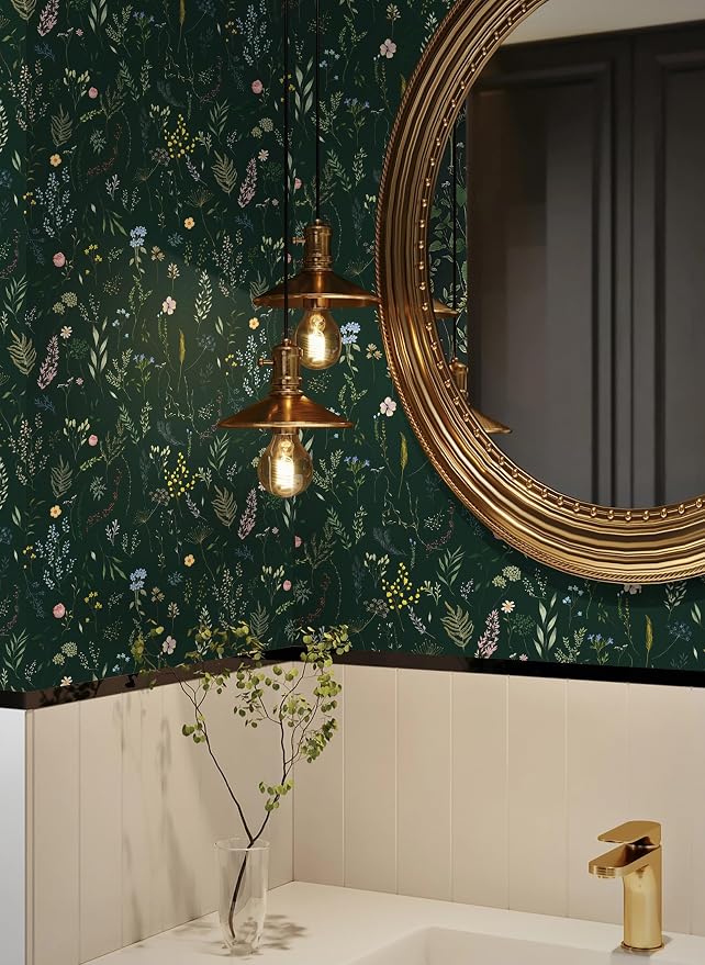 Dimoon 78.7"x16.1" Floral Peel and Stick Wallpaper Dark Green Smooth Contact Paper Flower Thicken Waterproof Green Leaf Self Adhesive Pomegranate Wallpaper Removable Shelf Liner Decal Vinyl Roll