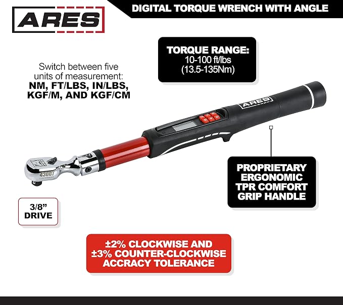 ARES 43007 3/8-Inch Drive Flex Head Electronic Digital Torque and Torque | 10-100 ft/lbs (13.5-135Nm); Reversible Sealed Head; Multi-Alert Prevents Over-Torquing
