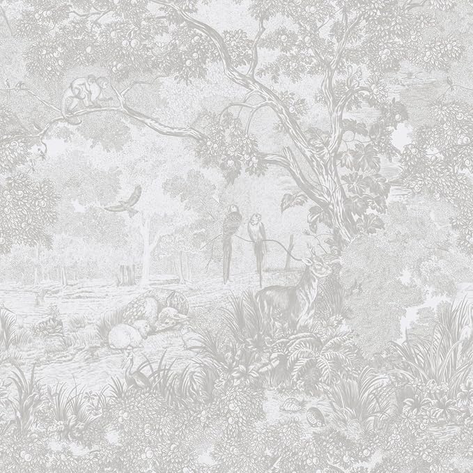 Ismoon Gray Peel and Stick Wallpaper Neutral Wall Paper 17.3in×6.56ft Vintage Removable Self-Adhesive Wallpaper Animals Jungle Contact Paper for Cabinets Bathroom Walls Covering Vinyl Roll