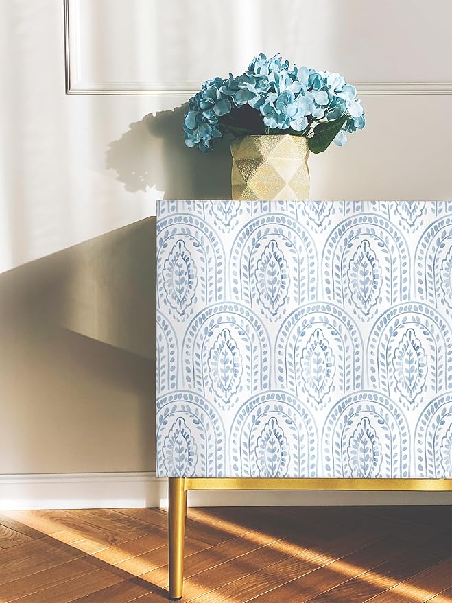 EeeComing Blue Peel and Stick Wallpaper Boho Wall Paper Peel and Stick Modern Contact Paper Self Adhesive Wallpaper for Bedroom and Bathroom Removable Cabinet Shelf Liner Vinyl 17.3”X393”