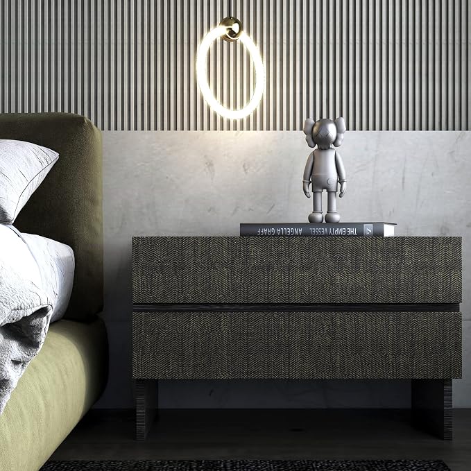FunStick Black and Gold Geometric Wallpaper Peel and Stick Modern Faux Grasscloth Wall Paper Textured Herringbone Self Adhesive Vinyl Contact Paper for Room Wall Furniture Cabinet Removable 12" x 200"