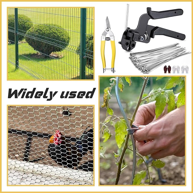 305 Pack Stainless Steel Cable Tie Gun Kit, 300 Pcs 8/11.8/16 Inch Metal Zip Ties (100 of Each), Adjustable Fastening and Cutting Tools for Fence, Chain Link Fence, Pipe, Industrial Use