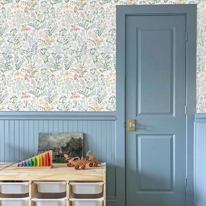 Fititem Floral Peel and Stick Wallpaper Boho Nature Wall Paper 17.3”×393” | Self Adhesive Floral Contact Paper Cabinet Flower Modern Wildflower Wallpaper Removable Waterproof Wallpaper Bathroom Bedroom