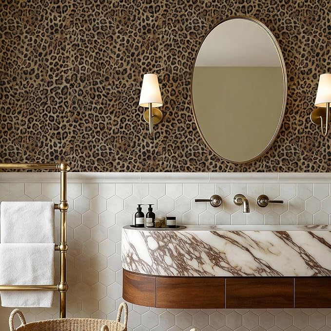 Upgrade Brown Leopard Print Peel and Stick Wallpaper, 17.3" x 400" | Waterproof Removable Self Adhesive Wallpaper, Unique Funky Cheetah Contact Paper for Bedroom, Bathroom, Decor,48.1 sq.