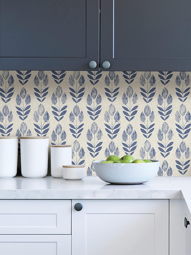 NuWallpaper Blue Folk Tulip Peel & Stick Wallpaper