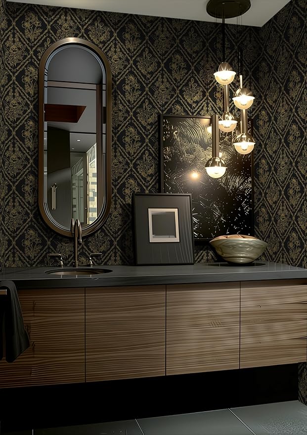 Toduso Peel and Stick Wallpaper Vintage Wall Paper Boho Contact Paper Black and Gold Floral Removable Wallpaper for Bathroom Bedroom Flower Waterproof Self Adhesive Vinyl Drawer Decor 17.3"x196.8"
