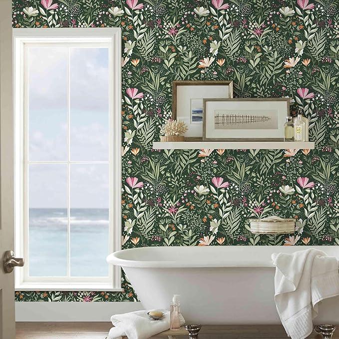 Fititem Green Floral Peel and Stick Wallpaper Boho Dark Vintage 17.3”×78.7” | Floral Self Adhesive Contact Paper Botanical Nature Removable Wildflower Wallpaper Waterproof Wallpaper for Bathroom Bedroom