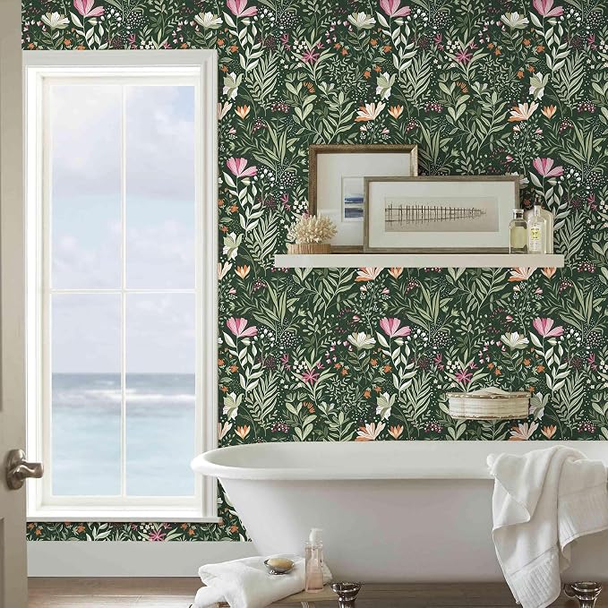 Fititem Green Floral Peel and Stick Wallpaper Boho Dark Vintage 17.3”×393” | Floral Self Adhesive Contact Paper Botanical Nature Removable Wildflower Wallpaper Waterproof Wallpaper for Bathroom Bedroom
