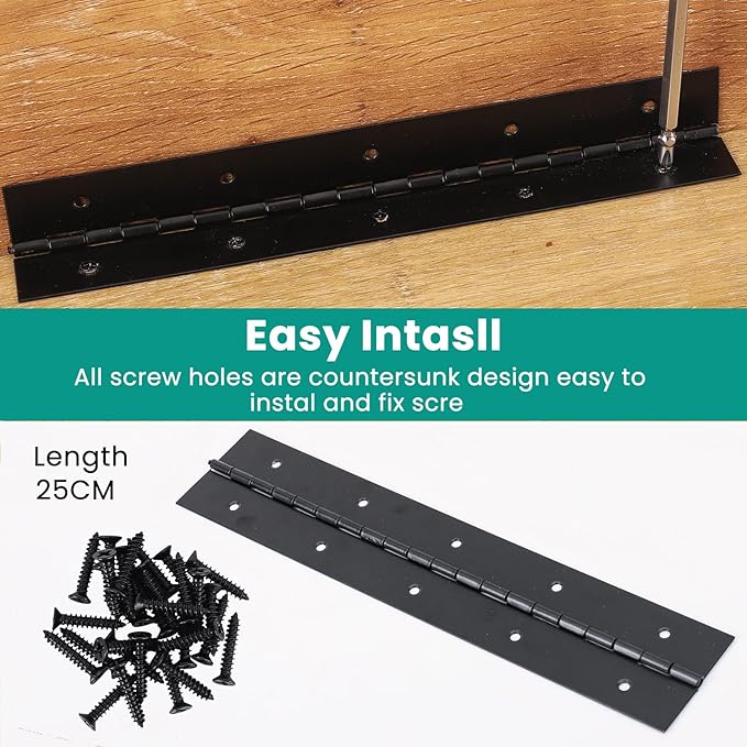 2Pcs 10inch Black Heavy Duty Continuous&Piano Hinges,1.2" Open Width Stainless Steel Piano Hinge with Holes and Screws,Working for Wood Box,Wood Furniture,Piano Cabinets.