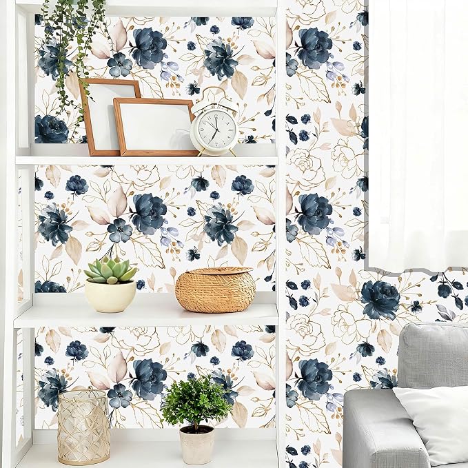 Navy Blue Floral Peel and Stick Wallpaper 17.7"x78.8" | Removable thick vinyl, watercolor botanical design, laundry room, bedroom, bathroom, renter friendly accent walls