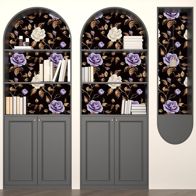 Dark Purple Gold Rose Floral Wallpaper Peel and Stick 17.5''x393'' | Self Adhesive/Removable/Waterproof/Thick Vinyl Contact Paper for Bathroom Bedroom Shelf Cabinet Drawer,Prepasted,Easy Peel