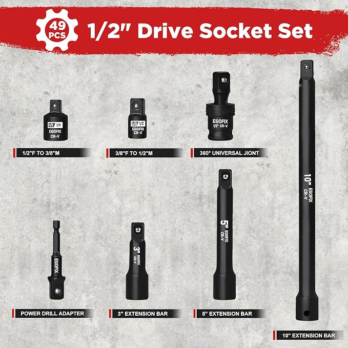 1/2" Drive Impact Socket Set 49 Piece, Standard and Deep Metric Socket (9-25mm, 27, 30, 32mm), Includes Extension Bars, Universal Joint and Adapter, 6 Point Design,Cr-V steel