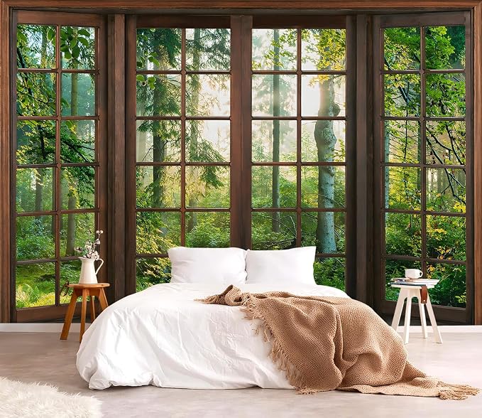 YQWDMX - 3D Green Forest Peel and Stick Wallpaper Window Mural for Bedroom ZY06 M