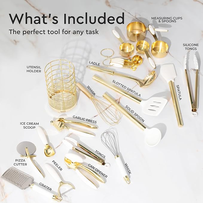 Styled Settings White and Gold Kitchen Utensils Set, 23-Piece | Stainless Steel, Gold Kitchen Accessories Include Measuring Cups, Silicone Utensils, Utensil Holder -Gold Kitchen Accessories