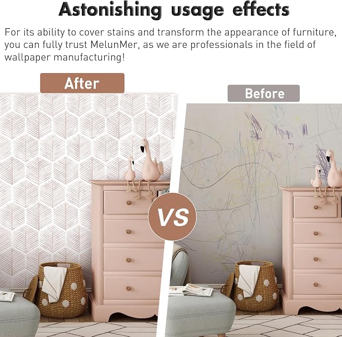 MelunMer Modern Peel and Stick Wallpaper Boho Contact Paper 17.3''×78.7'' | Pink and White Self Adhesive Removable Wallpaper for Bedroom/Bathroom Waterproof Geometric Contact Paper for Cabinets, Drawer