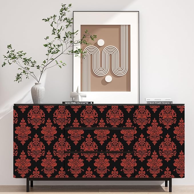 BOKEBEVE Vintage Floral Wallpaper Peel and Stick Burgundy Red 17.5 x 118In | Renter Friendly Contact Paper Self Adhesive Removable Wall Paper for Feature Wall Bedroom Bathroom Halloween Decor