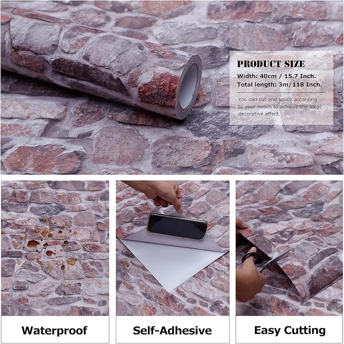 Stone Brick Wallpaper Peel and Stick Self-Adhesive Removable Vinyl Wallpaper Pink Faux 3D Stone Look Wall Paper 15.7" X 118"