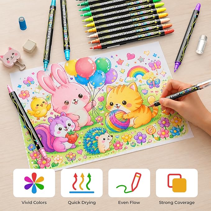 Betem 24 Colors Dual Tip Acrylic Paint Markers, Fabric Decorating Kits Premium Water-Based Acrylic Paint Pens Art Supplies for Fabric, Rock, Wood, Glass, Canvas, Ceramic, Teacher Appreciation Gift