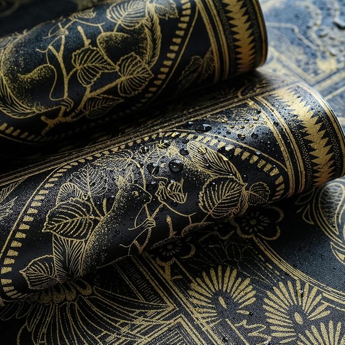 Erfoni Black and Gold Wallpaper Vintage Peel and Stick Wallpaper Special Animals Pattern Contact Paper Stick and Peel Self Adhesive Removable Wall Paper for Countertop Cabinets Covering 78.7"x17.7"
